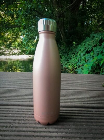 Eine rosa FLSK Thermosflasche auf einem Steg